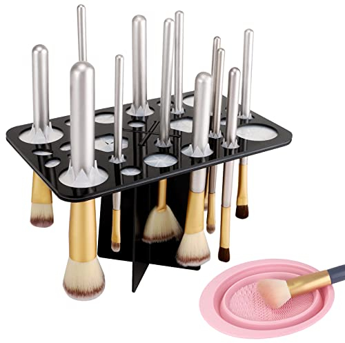 QUMENEY Secador de brochas de maquillaje con 28 agujeros y alfombrilla de limpieza Soporte acrílico plegable para brochas de maquillaje Secador de brochas de maquillaje Negro y rosa