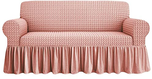 Copridivano Voila' Tessuto Bolle 2 3 4 Posti Elasticizzato Volant Salva Divano (Rosa, 2 posti)