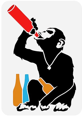 FINGERINSPIRE Trinkender Schimpanse Schablone 29.7x21 cm Wiederverwendbare Schimpansen Malschablone Orang Utan Mit Weinflaschen Vorlage Trinkender Affen Schablone Für Bar Zuhause Party Maldekoration