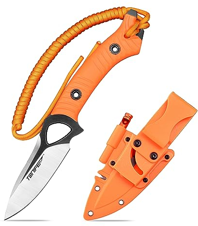 TONIFE Explorer Couteau à Lame Fixe avec Gaine 8Cr14moV Lame Couteau de Survie Multifonctionnel Manche en Nylon Renforcé de Fibre de Verre pour Couteau EDC Extérieur(Orange+Noir Titane et Satin)