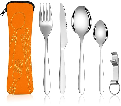 Vicloon Ensemble de Couverts, 5 pièces de couverts en Acier Inoxydable, Ensemble de Couverts Transportables, Couverts en Acier Inoxydable avec Idéal pour les Voyages et le Camping(Orange)