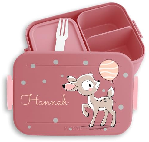 Kinder Bento Box Midi Lunchbox für Mepal Bentobox - Brotbox süßes Reh Vesperdose Rehkitz Jausenbox I - 900 ml - Rosa - jausendose mädchen personalisierte brotdose kindergarten rehlein tier