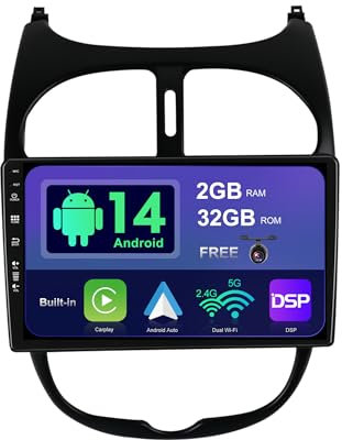 SXAUTO Android 15 Autoradio für Peugeot 206 (2002-2010) - Eingebaut CarPlay Android Auto - Kamera - Lenkradsteuerung/DAB/4G/Dual-Band WiFi/Bluetooth5.0/DSP - 2 Din 9 Zoll