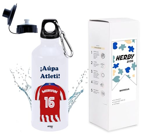 Botella de agua atlético personalizado con nombre, botella para niños del atlético, cantimplora para niños de 600 ml con dos tapones, regalos personalizados para niños con su nombre (Atletico)