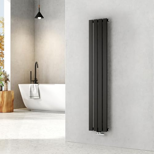 EMKE Heizkörper Schmal Hoch 1600x300mm Schwarz, Klein Heizkörper Flach Vertikal Heizkörper Bad Flachheizkörper Einlagig Paneelheizkörper Mittelanschluss für Badezimmer 557W