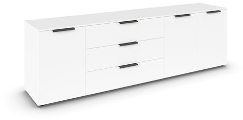 Rauch Möbel Flipp, Sideboard, TV-Schrank, Kommode mit Stauraum, Alpinweiß, 3-türig, 3 Schubkästen, Griffe graphit, 199x61x42cm