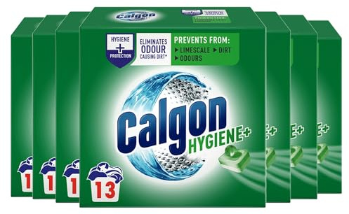 Calgon Hygiene Plus Washing Machine Cleaner and Water Softener Tablets, 13 Count, Pack of 7 | Removes Limescale, Residue, Dirt, Rust & Malodours | Deep Clean | S Pack Size