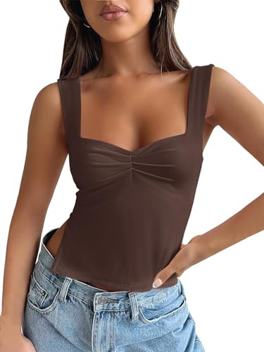 YILEEGOO Women Sexy Sleeveless One Shoulder Crop Tank Tops Ruched Tight Slim Fitted Workout Y2K Vest Top Trendy Cami Going Out Tops (Z7 Brown, M)
