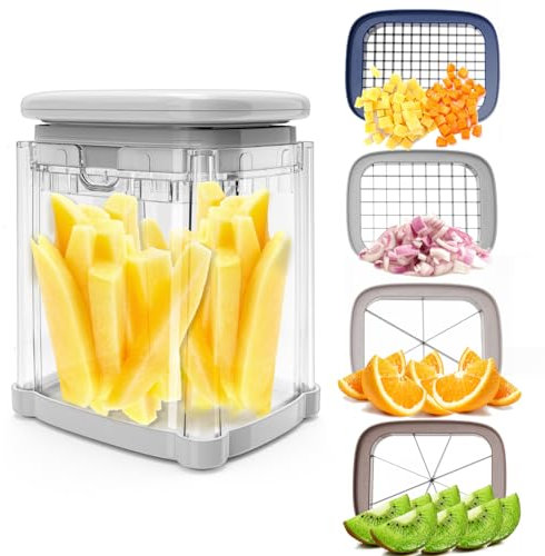 DD dedeo Versatile French Fry Cutter 4-in-1 Food Dicer Chop Box, Potato Cutters for Fries Potato French Fry Onion Cutter Food Chopper Manual Hand Vegetable Cutter Dicer Apple Slicer, (4 Blades)