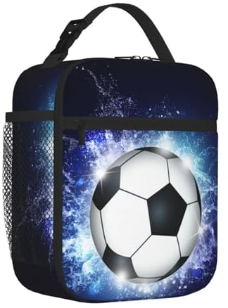 Personalised Sports Football Lunch Bag with Soccer Ball Pattern Print, Custom Blue Insulated Lunch Box with Name/Text Printed for Kids Teens Boys, Reusable Lunchbox Ice Packs Containers Tote Handbag