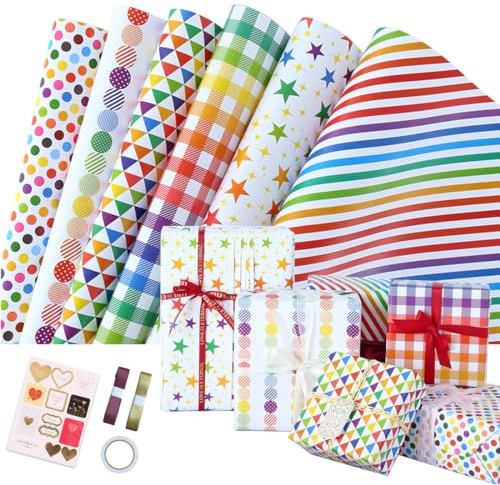 Yezirzax Lot de 6 rouleaux de papier cadeau pour enfants avec 2 rouleaux de ruban et autocollants, papier cadeau d'anniversaire, 70 x 50 cm, pour Noël, anniversaire, fête des enfants, Saint-Valentin