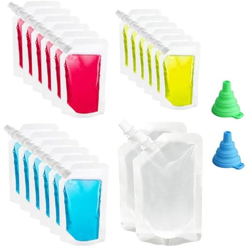 GAOHAN 20pcs Clear Drink Pouches for Festivals with Funnel, Leak Proof Alcohol Juice Liquid Pouches Bags, Beverage Bags Festival Essentials, Plastic Hip Flask for Parties(250ml,420ml,500ml,800ml)