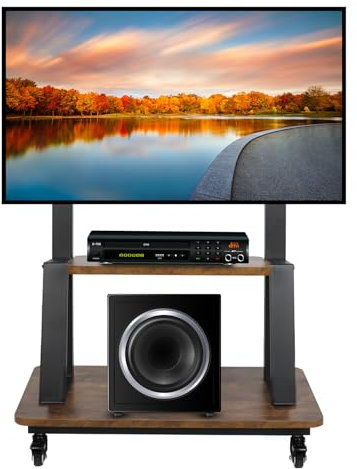 Soporte de TV móvil con ruedas para 32-75 pulgadas plano curvado Led/LCD/OLED con estante de madera para laptop, altura ajustable, soporte de TV portátil resistente soporta hasta 100 libras, color