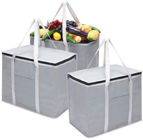 Cool Bag,Food Delivery Bag,30L Insulated Thermal Bag for Hot and Cold Food Delivery,Grocery Shopping Bags,Large Insulated Picnic Lunch Bag,Foldable Cool Box for Picnic Camping BBQ (3pcs Silver)