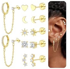 JeweBella 6 Paires Lot Boucles d'Oreilles Femme Acier Inoxydable 316L Hypoallergénique Piercing Oreille Clous d'Oreilles Plaqué Or 14K Boucles d'Oreilles Creoles avec Chaîne Piercing Cartilage Helix