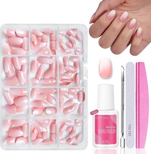 Nagel Tips Set - 240 Stück Französisch Falsche Nägel Zum Aufkleben - Weiß Rosa Gradient Design Nageltips Full Cover Fake Nails soft gel Natürliches & Angenehmes Tragegefühl, 12 Größen (Pink Mandel)