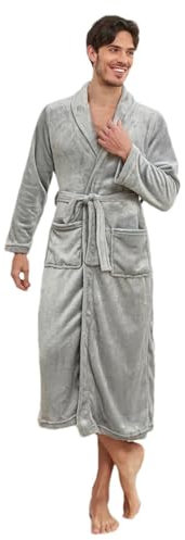 Accappatoio da uomo in caldo pile corallo kimono accappatoio invernale in flanella lunga vestaglia da notte abbigliamento da notte sciolto vestiti per la casa grigio XXL, Vestaglia grigia, XXL