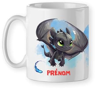 Mug tasse dragon noir furie nocturne chibi kawaii mignon personnalisé avec prénom cadeau idéal anniversaire, Noël et autres événements