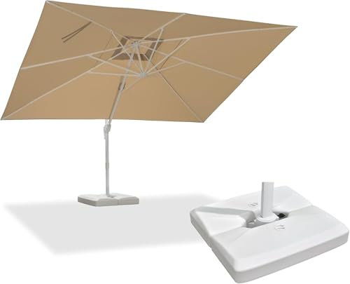 PURPLE LEAF Parasol Déporté 3 × 4 m avec Base, Parasol de Jardin Extérieur en Aluminium Blanc avec Manivelle, Inclinable et Rotation à 360°, Protection UV, Beige