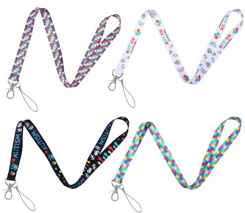 ULELE 4pcs Autism Awareness Lanyard with Swivel Hook, Multicolour, Polyester, Casual, Puzzle Printed, Safety Breakaway, Keychain, Name Badge Clip