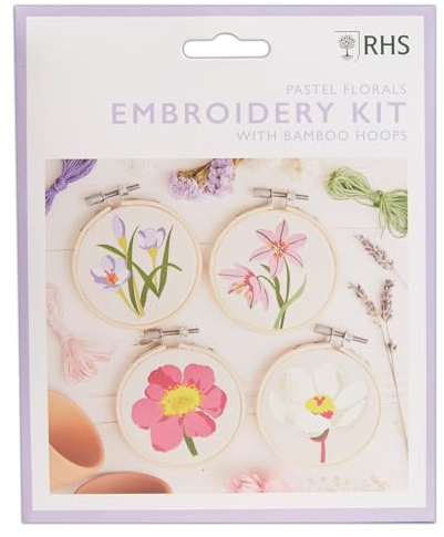 RHS The Royal Horticultural Society Embroidery Hoop Decoration Kit, Pastel Florals Designs, (Pack of 4), Embroidery Kits for Adults & Adults Beginners, Gift Idea, Embroidery Pattern