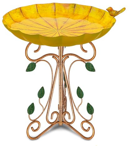Gouisalin Vogelbad Vogeltränke Stehend, Metall Vogelbad Futter Schale für Draußen Garten , Vogelbecken Vogel Bad für Balkon Wasserschale Vogelbecken Gartendeko (Retro Yellow)