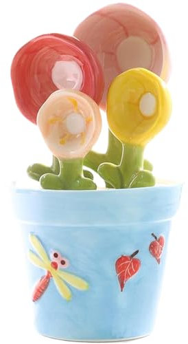 1 Set Flower Measuring Spoons, Ceramic Cactus Measuring Spoons Set in Pot, Decorative Flower Pot Measuring Spoon and Cup Set, for Home Kitchen, Blue