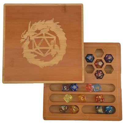 Hunmor Vassoio per dadi 2 in 1, in legno, con coperchio magnetico e custodia per porta dadi D&D, per giochi di ruolo, giochi da tavolo | per 6 set di dadi poliedrici, marrone, Quadrat, quadrata