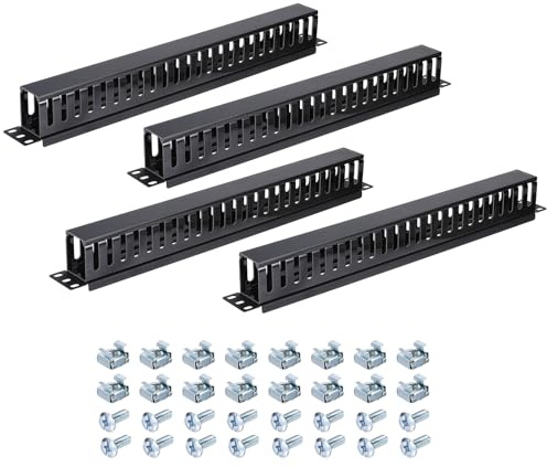 PATIKIL 1U 19 Inch Cable Manager, 4 Pack 24 Slot Horizontal Rack Mount Wires Management Metal Finger Duct Wire Organizer for Network Cabinet, Black
