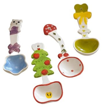 (4 Pezzi) Simpatico Cucchiaio Di Ceramica Manico Lungo Dipinto A Mano Colore Smalto Cartone Animato Riso Casa Bere (Misto)