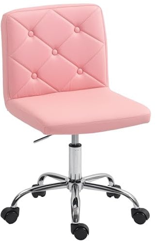 HOMCOM PU Leather Armless Office Chair, Modern Vanity Computer Swivel Chair with Rolling Wheels and Adjustable Height for Home Study, Bedroom, Pink