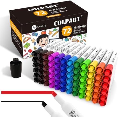 colpart 72 White Board Markers Chisel Tip - Whiteboard Markers Dry Erase Bulk Pens With Low Odor For School, Office, Home, Work On White Board & Calendar, Refrigerator