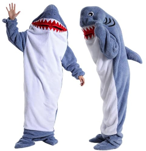FARYODI Hai Decke Hoodie mit Ärmeln, Hai Schlafsack Decken Hoodie mit Kapuze, Shark Flanell Overall mit Füßen, Shark Blanket Flanell Geschenk für Cartoon Pyjama Partys