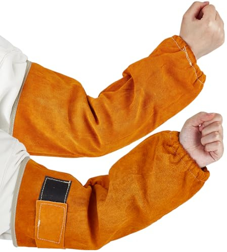 CALFOVERA 1 par de Mangas de Trabajo de Cuero Genuino para Soldadura, Color Marrón, Protección para Brazos, Ideales para Jardinería. Resistentes Al Calor Y A Las, con Costuras de Kevlar