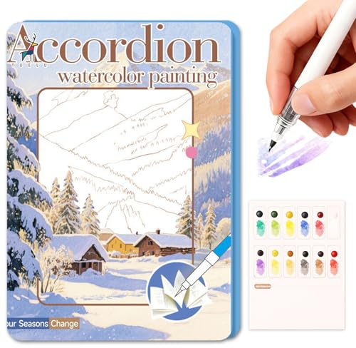 JanFebMar Livre de Coloriage a L’eau, Cahiers D'aquarelle Anti Stress pour Adultes, Livre Magique à l'Eau 12 Couleurs, Magic Water Book