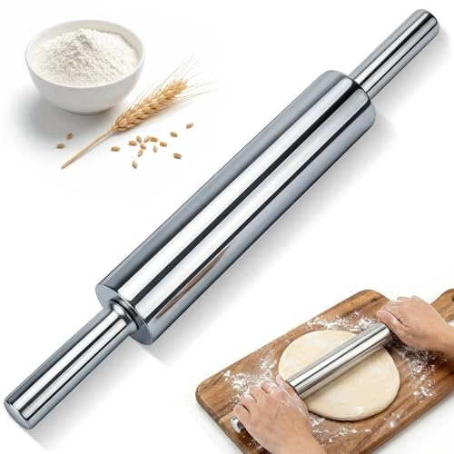 Nudelholz Edelstahl Teigroller, 43cm Teigausroller Antihaft Teigroller Edelstahl Nudelholz mit Griff Drehbare Teigrolle Backzubehör Rolling für Fondant Pizza Nudelteig Brot Nudelteig Mürbeteig