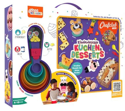 Chefclub Kids | Backbuch-Set | Rezeptbuch 'Kinderleichte Kuchen & Desserts' mit original Chefclub Messbechern | Kindgerecht | QR-Codes zu Videorezepten | ChefClub.TV | Backen für Kinder | ab 4 Jahren