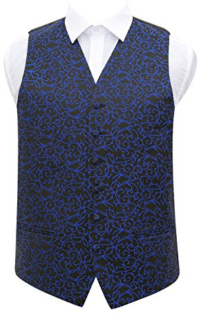 DQT Swirl Patterned Men's Formal Casual Wedding Tuxedo Waistcoat Vest - Black and Blue 42
