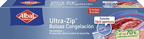 Albal Bolsas Congelación Ultra Zip 3 Litros, Fabricadas con 70% de Materiales Reciclados, Muy Resistentes, Reutilizables, Reciclables, Cierre Ultra-Zip Hermético, 12 Bolsas Grandes. Libres de BPA