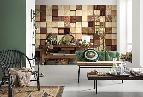 Komar Fototapete LUMBERCHECK | 368 x 254 cm | Tapete, Wand, Dekoration, Wandbelag, Wandbild, Wanddeko, Mix, Modernenholzblöcken, Schachbrettoptik | 8-978