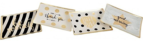 Van Well - Set di 4 Piatti in Vetro con Decorazione in Bianco, Oro e Nero, 14,5 x 10 x 1 cm