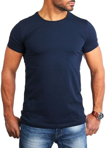 Young & Rich Herren Uni Basic T-Shirt mit Rundhals Ausschnitt einfarbig Stretch körperbetonte Dehnbare Passform 1701, Grösse:M, Farbe:Dunkelblau