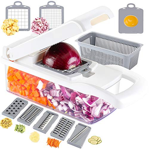 Ourokhome Gemüseschneider Zwiebelschneider, 12 in 1 Profi Mandoline Slicer für Küche, Multifunktionaler Lebensmittelzerkleinerer für Kartoffel, Tomate, Gemüse mit Siebkorb, 8 Klingen, Weiß