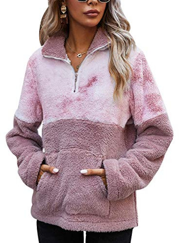 LIVACASA Veste Femme en Fausse Fourrure Pull Polaire Chaude Souple Hiver Automne Sweat Femme Zippée en Polaire Duveteuse Casual Mode Ample Violet Rose M
