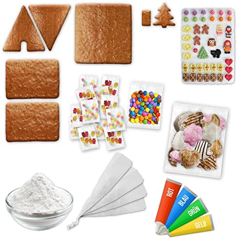 LEBKUCHEN WELT Lebkuchen Hexenhaus All-Inclusive Bastelset mit Bastel-Anleitung ca. 37x37x40cm inkl. Zuckerfiguren Schokolinsen Gummibärchen Zuckerguss-Tube & Lebensmittelkleber ca 4426g Lebkuchenhaus