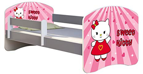 ACMA Kinderbett Jugendbett mit Einer Schublade und Matratze Grau mit Rausfallschutz Lattenrost II (15 Sweet Kitty, 140x70)