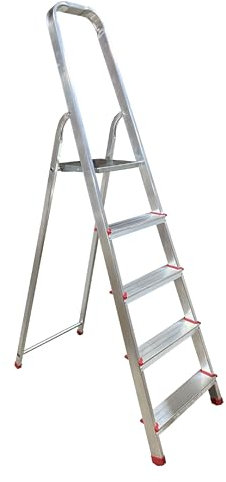 Escalera Plegable 5 peldaños de Aluminio, Escalera de Tijera Resistente y Ligera, Antideslizante, Uso domestico, soporta hasta 150 kg