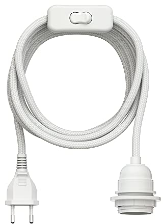 ledscom.de Textilkabel LEKA, Stecker, Schalter, weiß, 3 m, Lampen-Fassung, 1x E27 max. 60W