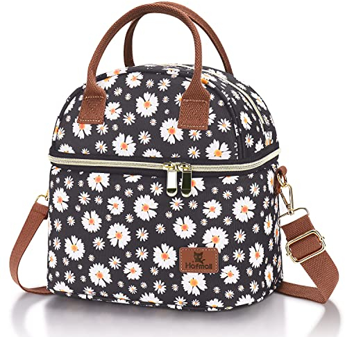 Hafmall Insulated Lunch Bag for Women, 9L Dual Compartment Lunch Cool Bag for Work, School, Ladies Lunch Bag with Shoulder Straps, Daisy