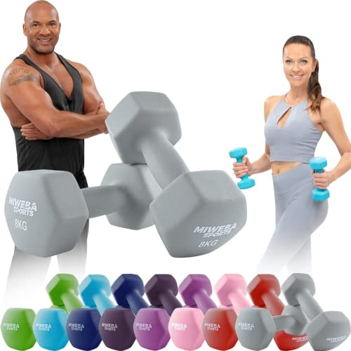 Miweba Sports Neopren Hantelset | 𝐏𝐫𝐨𝐟𝐢 Hantel - Hexagon Hanteln Set - Kurzhanteln - Kurzhantel Set - Gymnastikhanteln - Hantel Set - Dumbbell - 0,5-10 Kg (2X 8.0 kg, Grau)